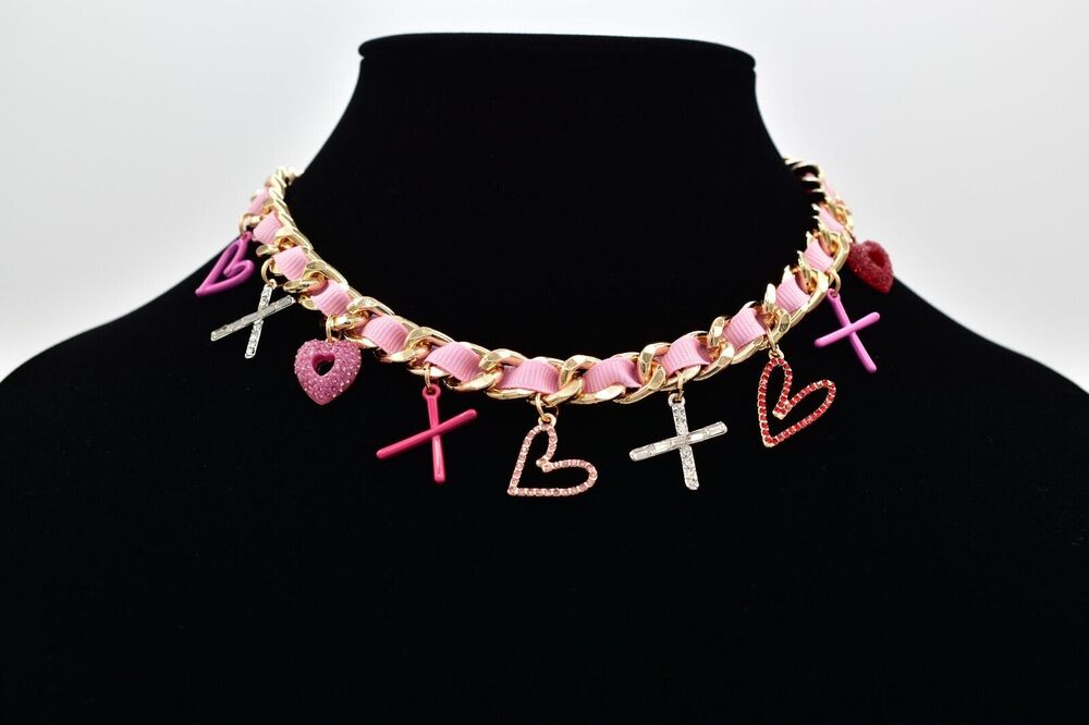 Betsey Johnson Valentine's Necklace XO Crystal Heart Pink Ribbon Gold NWT BinBJ